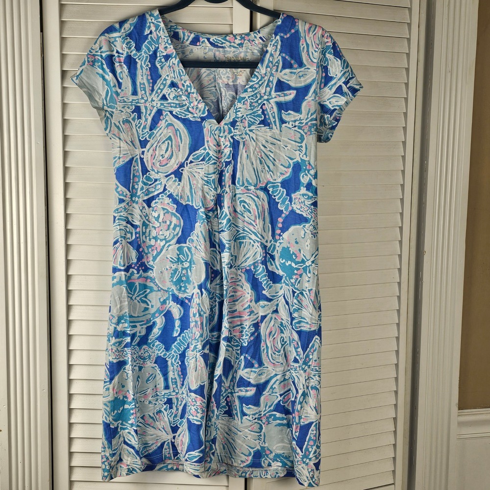 Lilly Pulitzer Womens Blue Haven Pop Up Into The Deep Amina Cap Sleeve Dress Sml